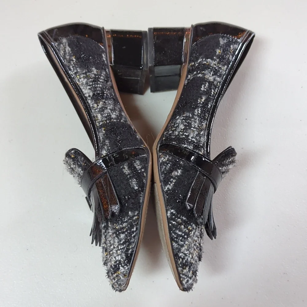 Franco Sarto, Grenoble, black and white Tweed heeled loafer. Size 10